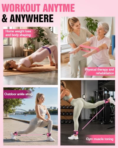 Mexlyca Pink Resistance Bands Set – 8-Piece Workout Kit with Ankle Cuffs & Carry Bag