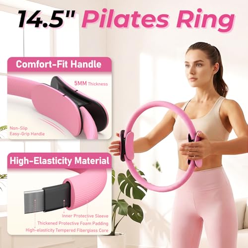 Home Pilates Kit - All-in-One Equipment Set with 14.5" Ring & Ball - Soft Pink