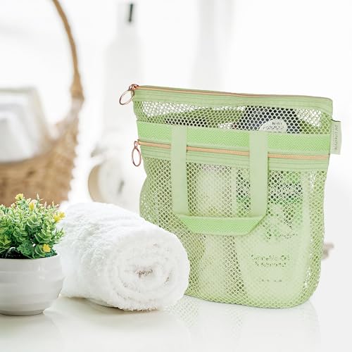 Mesh Shower Caddy - Quick-Dry Toiletry Bag with Zipper & Pockets - Small Light Green