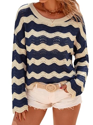 Arach&Cloz Women's Linen Blend Oversized Crochet Bell Sleeve Beach Top Navy Stripe Medium 2026