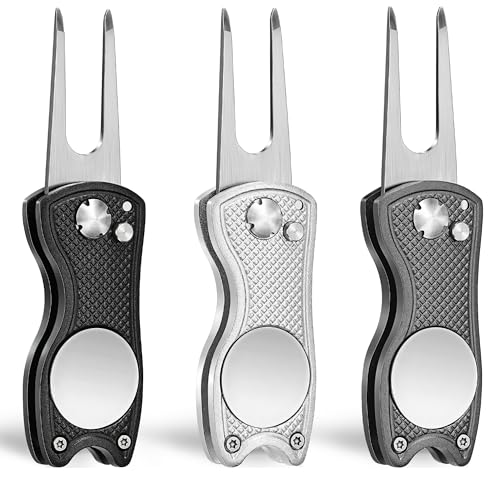 Mile High Life All Metal Foldable Golf Divot Repair Tool with Magnetic Ball Marker - Black/Sliver/Gray, 2-Pack