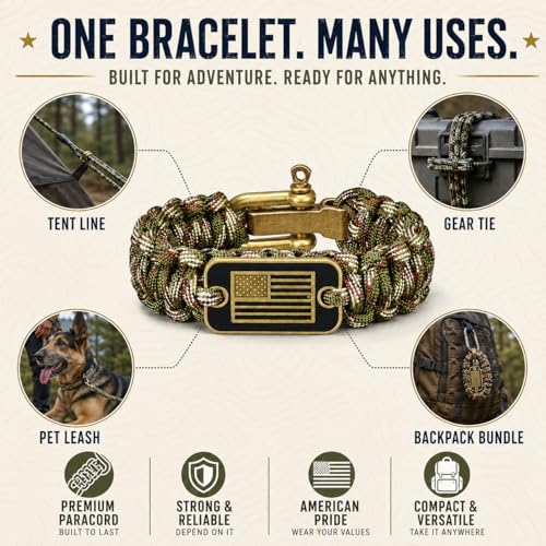 Adjustable Paracord Bracelet for Men - Bronze USA Flag - Black / M (8.2-9.2in)