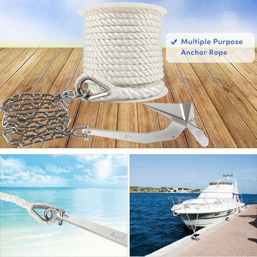 VEITHI 1/2in x 100ft Boat Anchor Rope with Stainless Thimble & Shackle White, 3-Strand Marine Line