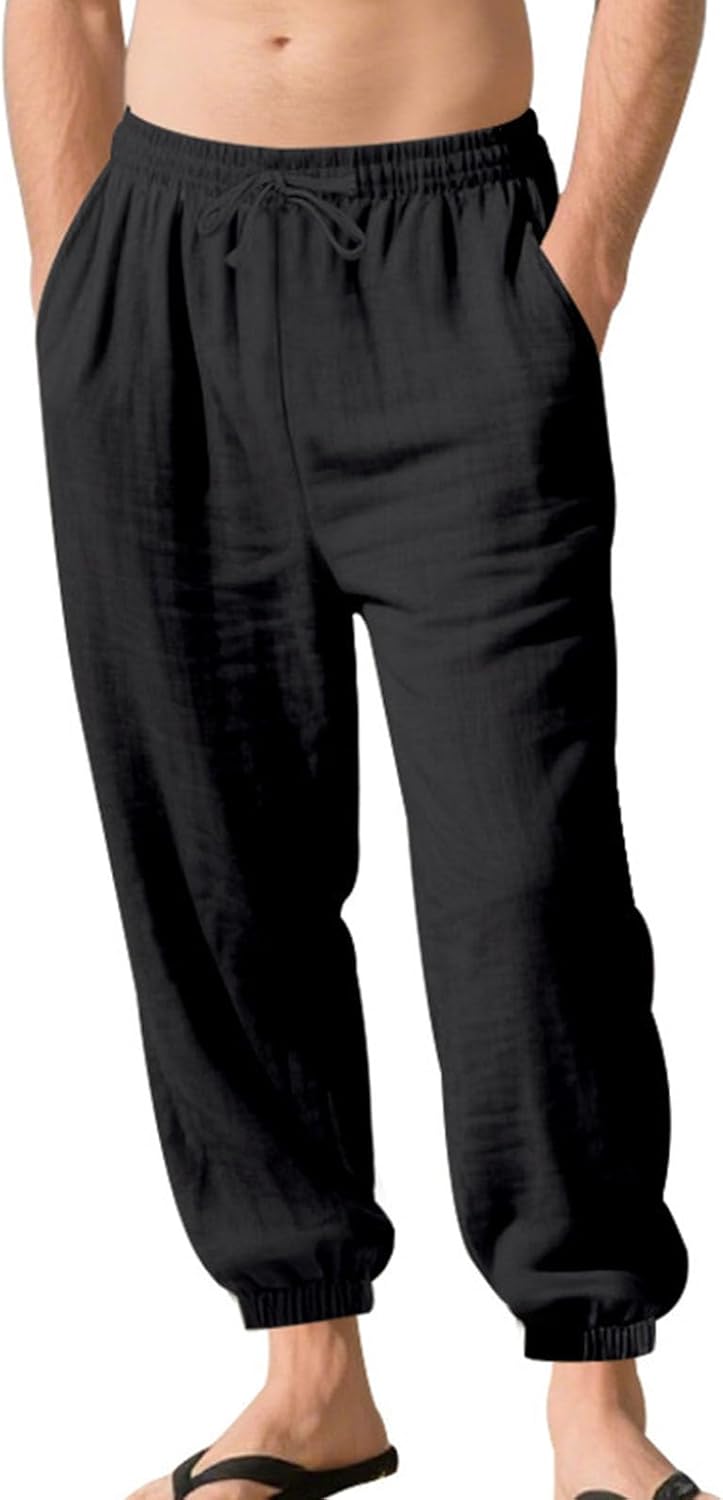 Skiennix Men's Lightweight Casual Pants - Elastic Waist Drawstring Jogging Trousers with Pockets | Summer Beach Wear