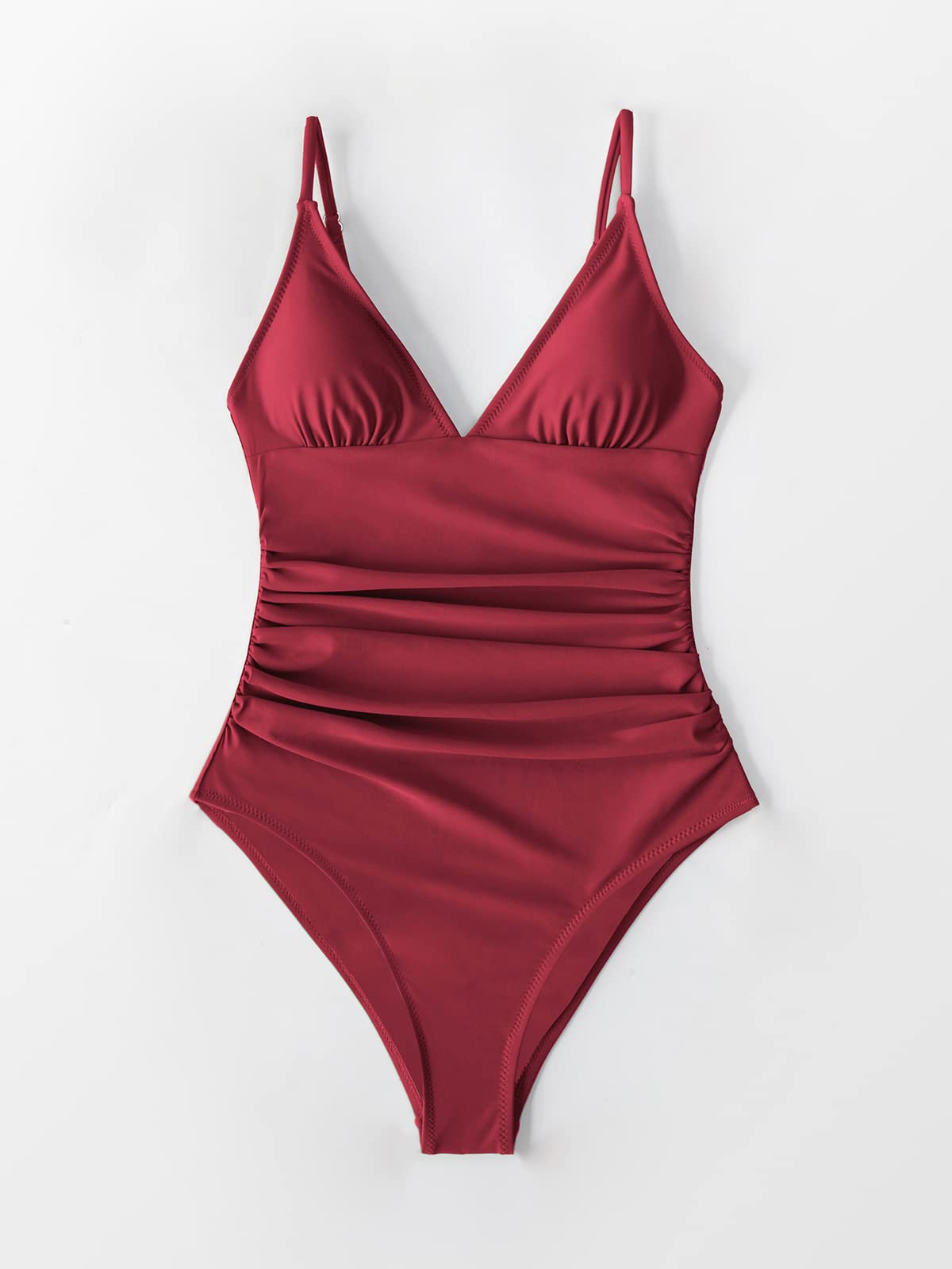 CUPSHE Women's One Piece Swimsuit Shirring Design V Neck Low Back Bathing Suit, Burgundy, XXL