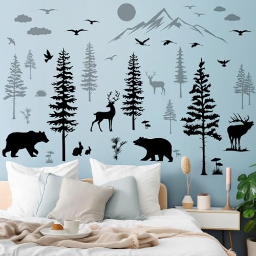 5 Sheets of 12x36inch Large Black and Grey Pine Tree Wall Sticker Peel and Stick Mountain Forest Tree Wall Decal Woodland Deer Bear Birds Wall Decor for Nursery Bedroom Living Room Decoration