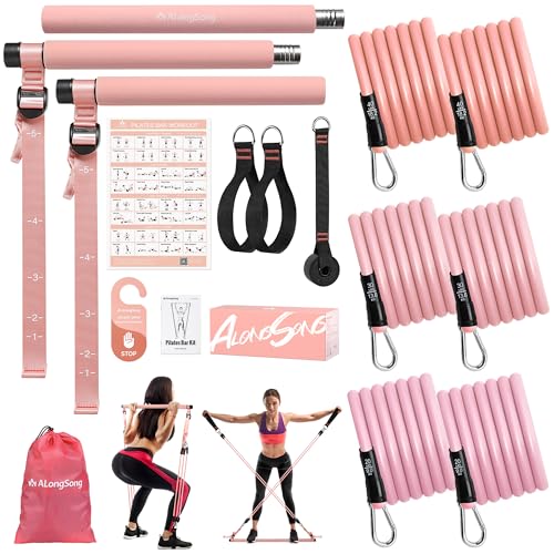 Pilates Bar Kit with Resistance Bands - Rose Pink for Full-Body Workouts