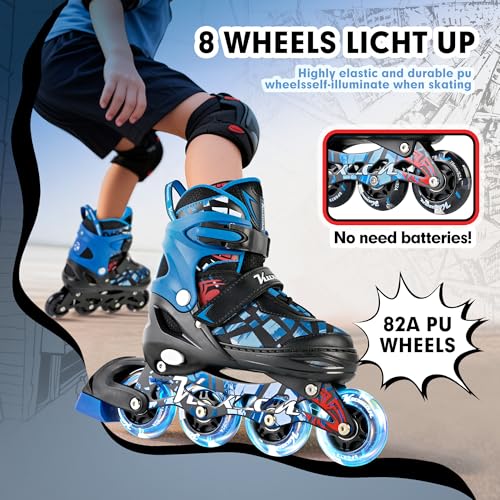 Kuxuan Kids Adjustable Inline Skates with Light-Up Wheels - Spider Blue, Large (Ages 5-12)