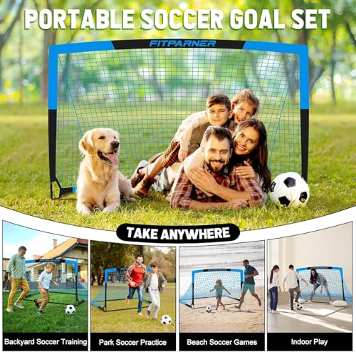 Kids Soccer Goals Set - 2 Portable Pop Up Nets with Ball & Cones - Blue Black, 4x3FT