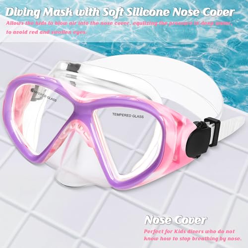ACQCES Kids Swim Goggles Snorkel Mask 5-15, Anti-Fog, Pink Purple
