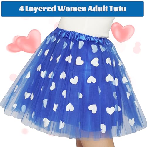 4-Layered Adult Tulle Tutu Skirt with Heart Pattern - Blue, Large