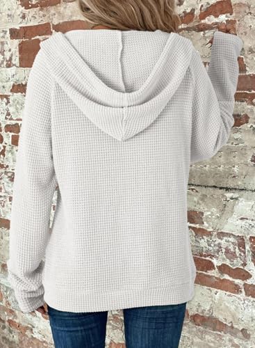 Dokotoo Women's White Large Waffle Knit Full Zip Hoodie Sweatshirt