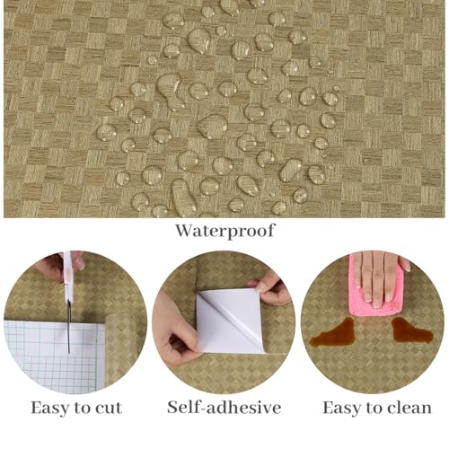VaryPaper 15.7''x78.7'' Tan Brown Woven Grasscloth Peel and Stick Wallpaper Textured Grass Cloth Contact Paper for Cabinets Waterproof Self Adhesive Linen Vinyl Wall Paper Roll for Bedroom Living Room