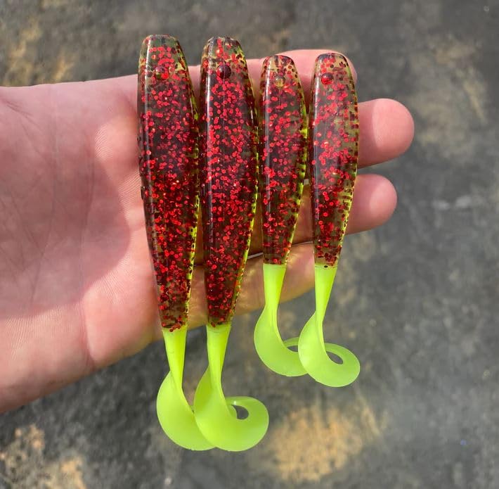 Curly Tail Jerkshad Soft Baits - Garlic Infused, 4 Inch, 8 Pack - Watermelon Red Chartreuse