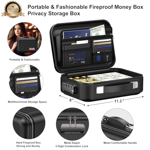 COLCASE Fireproof Money Box with Lock, Hard Case Cash Organizer Hard-Shell Design Fireproof Water Resistant Portable Safe Box for Cash, A5 Documents, Passport and Valuables 11.3x8x4 Inches Black