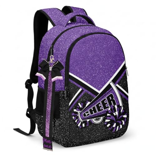 HJKLONE Glitter Purple Cheer Backpack with Ribbon Keychain - Women’s Sports Bag