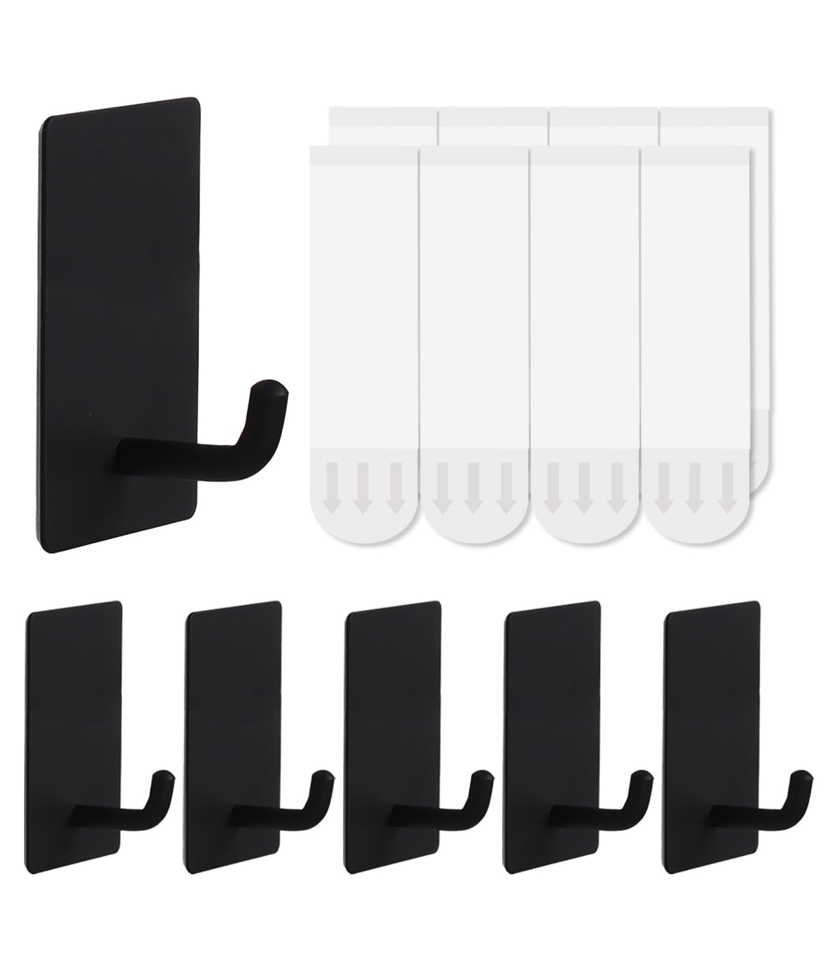 5 Pcs Towel Hooks with Removable Strips for Hanging，Adhesive Wall Hooks Heavy Duty，Outdoor Hooks No Damage，Sticky Hooks for Bathrooms，Shower，Stockings，Decor，Robe，Medium，Black 304 Stainless Steel