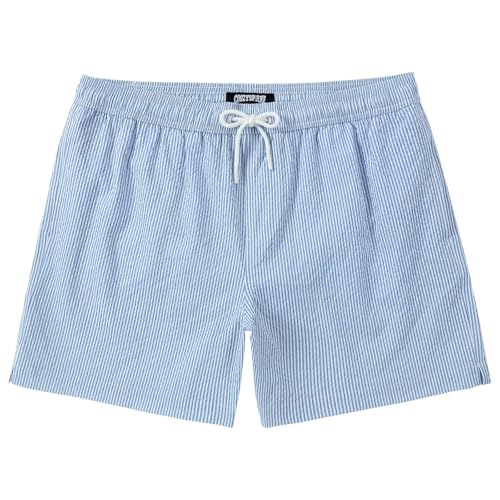 CoozySphere Men's Seersucker Swim Shorts 5 Inch Blue White Stripe Quick Dry Beach Trunks with Pockets