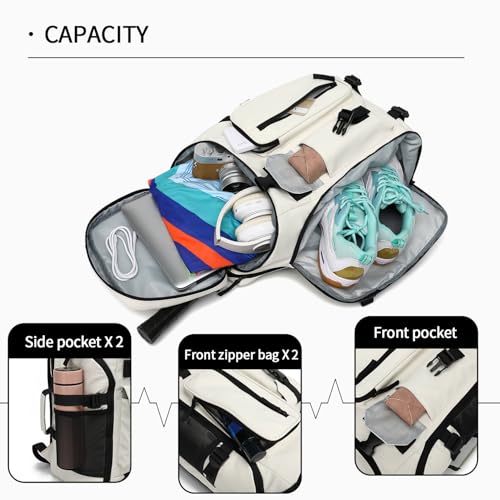 JYColofex Almond White Tennis & Travel Backpack with Shoe Compartment & Waterproof 15.6-inch Laptop