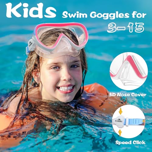 Kids Swimming Goggles with Nose Cover - Anti-Fog No Leakage - Pink