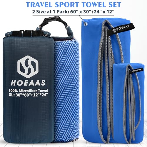 HOEAAS 2 Pack XL Microfiber Camping Towels 60x30+24x12 Inches Quick Dry Super Absorbent Lightweight for Travel, Sports, Hiking, Pool & Gym