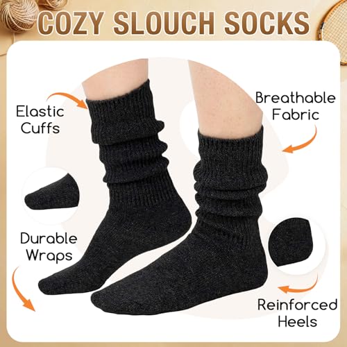 Women's Chunky Wool Slouch Socks - Scrunch Stacked Long Socks - Black Medium