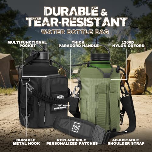 NATURE PIONEOR 64 oz Tactical Insulated Water Bottle with MOLLE Pouch & 3 Lids - Black