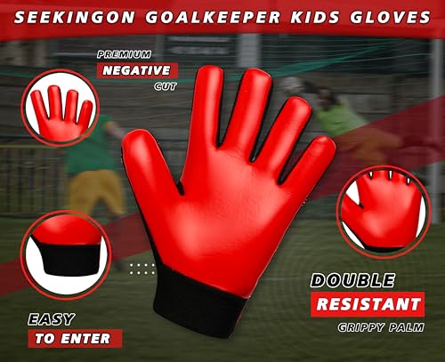 Youth Soccer Goalie Gloves - Size 5 for Ages 9-12, Red/Black