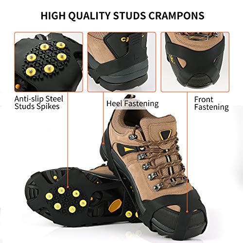 Ice Cleats Traction Grippers - Non-Slip Rubber Spikes with 10 Steel Studs - Black Medium