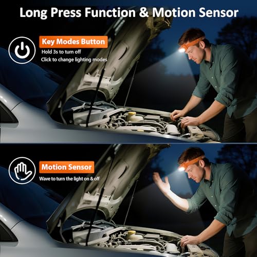 LHKNL Rechargeable Headlamp 2-Pack Orange Waterproof LED Headlights with 8 Modes & Motion Sensor