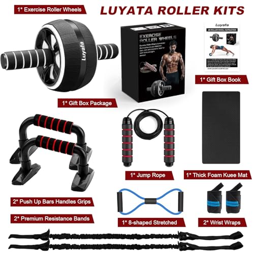 Ab Roller Wheel Kit - 10-in-1 Exercise Set with Resistance Bands, Knee Mat, Jump Rope, Push-Up Bar - Black