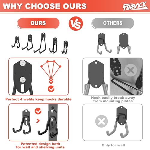 TORACK 15 PCS Garage Storage System Hooks, Shelving Hooks for Keyhole Shelving Units Wall Mount Utility Hooks for Tools, Ladders, Cords, Folding Chairs, Shovels and Rakes(Black)