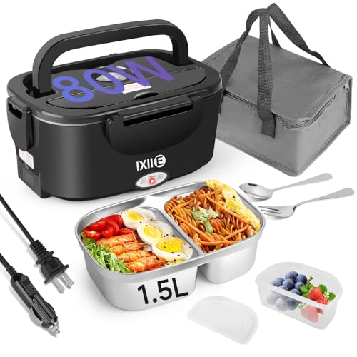IXIIE 1.5L Black Electric Lunch Box with Dual Stainless Steel Compartments