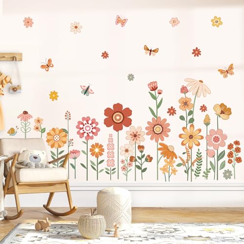 decalmile Boho Flower Wall Decals for Kids Garden Floral Daisy Butterfly Wall Stickers Baby Nursery Girls Bedroom Kids Room Wall Decor