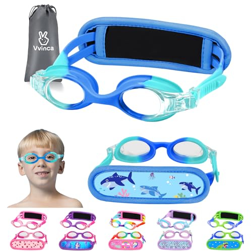 Vvinca Kids Swim Goggles Shark Blue / Adventure - Toddler Pool Goggles with Fabric Strap, No Tangle, 2-8 Years