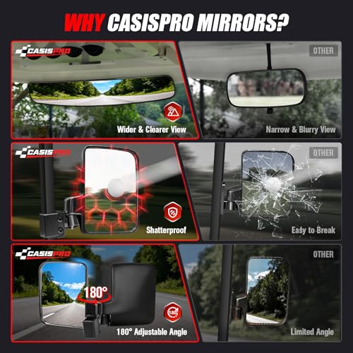 CASISPRO Universal Golf Cart Mirrors with No Drilling, 180° Adjustable Rearview & Side Mirrors, HD Shatterproof Glass for EZGO Club Car Yamaha