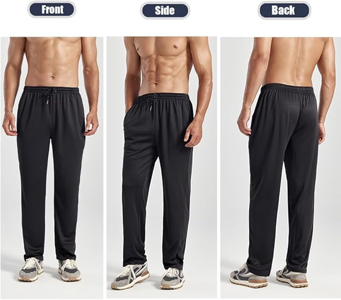 ZH 3 Pack Men's Lightweight Quick Dry Joggers with Pockets - Open Bottom Athletic Pants - Black/Grey/Army Green, Medium