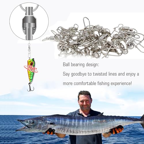AMYSPORTS Size 0+0 Stainless Steel Ball Bearing Fishing Snap Swivels 50 pcs