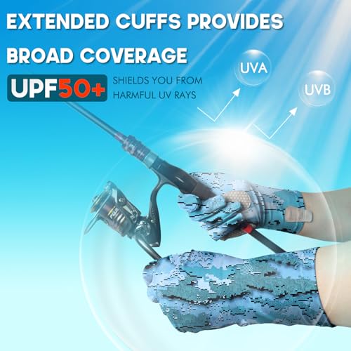 UPF 50+ Fishing Gloves - Full Finger Sun Protection, Camouflage Blue, Medium