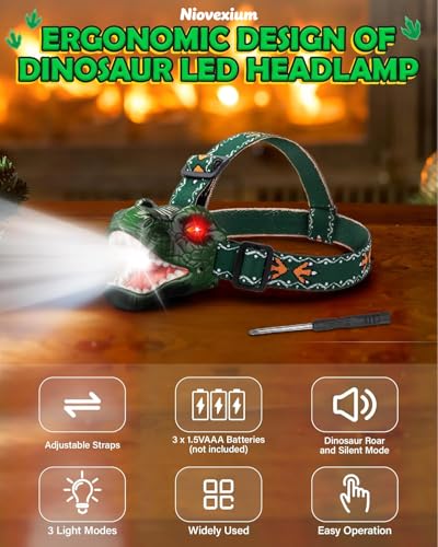 T-Rex LED Dinosaur Headlamp for Kids - Green, 3 Lighting Modes