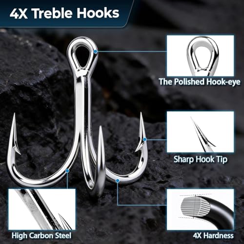 Treble Fishing Hooks - High Carbon Steel, 10 Pcs for Salmon & Trout