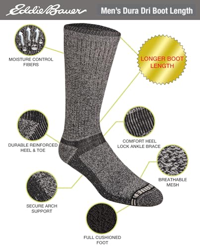 Eddie Bauer Men's Dura Dri Moisture Control Crew Socks Large/Boot Length Black Assorted 6 Pairs