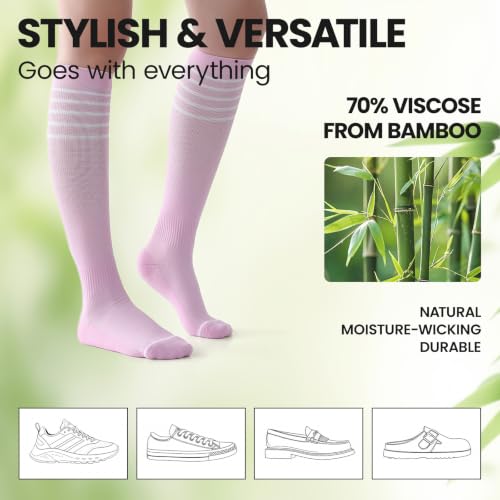 Owcorowan Bamboo Viscose Compression Socks 15-20 mmHg Knee High Large-X-Large 3 Pairs Purple/Apricot/Pink