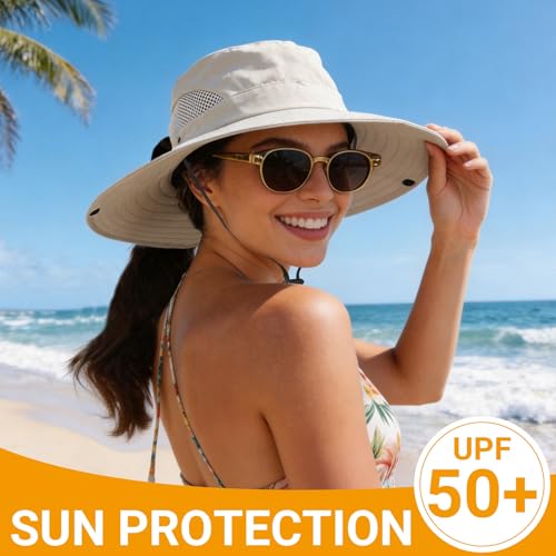 Wide Brim Sun Hat for Women & Men - UPF 50+ Bucket Hat - Beige