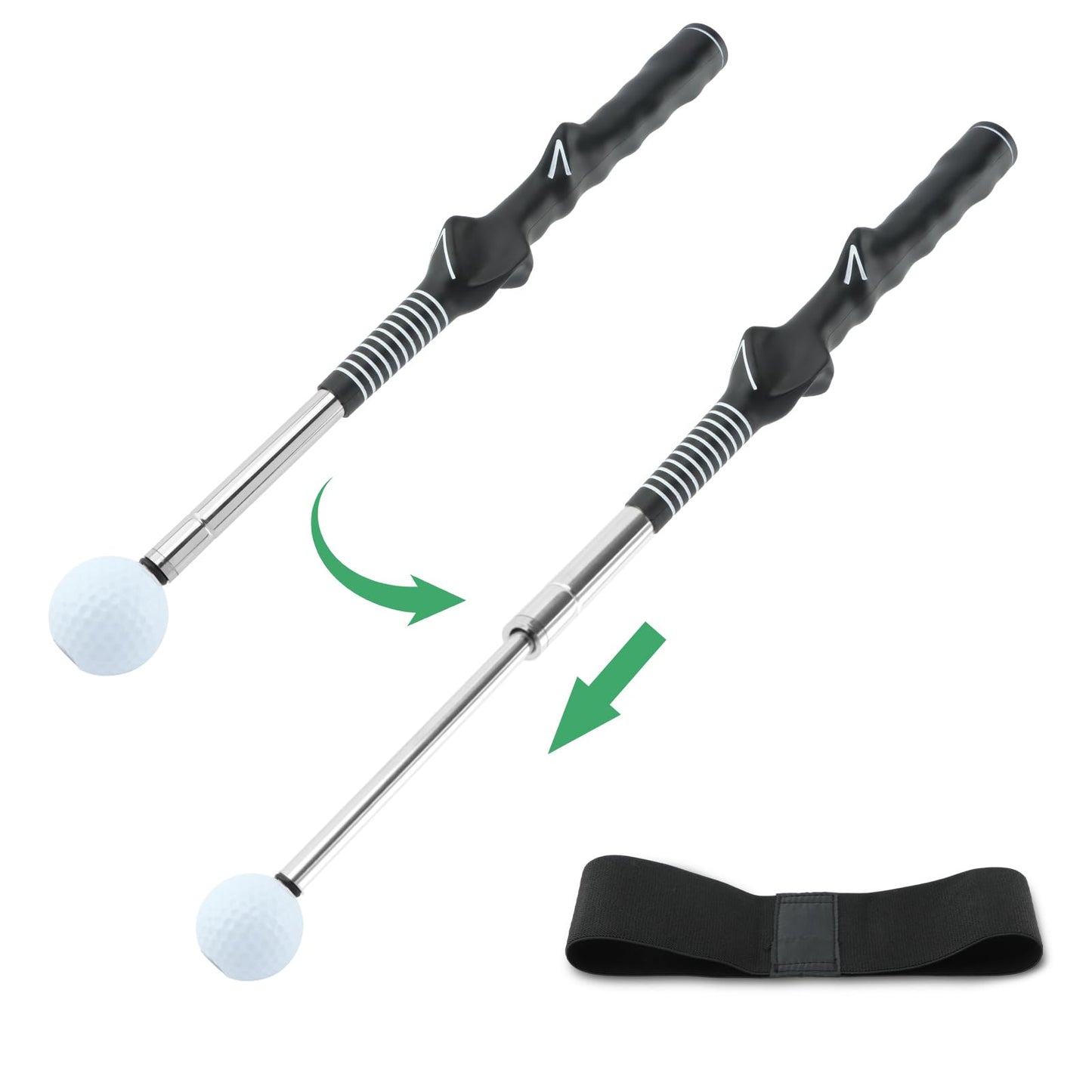 NINEFOX Retractable Golf Swing Trainer for Right-Handed Players, Tempo Stick with Click Feedback, 14.96–27.95 in, Includes Arm Band and Grip Trainer, Indoor Outdoor Warm-Up Practice, Black