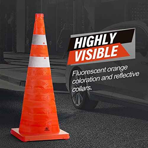RoadHero 28 Inch 2 Pack Collapsible Traffic Safety Cones, Multi Purpose Pop-up Cones with Reflective Collar for Road Safety, Orange Cones for Driving Training, Parking Lots