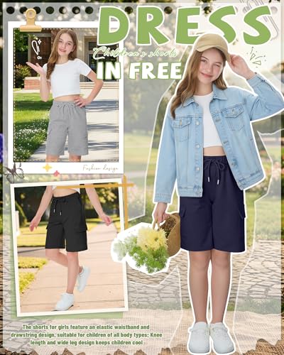 JoyMotion Girls' Cargo Bermuda Shorts 3-Pack for Ages 13-14 - Navy Blue, Gray, Black