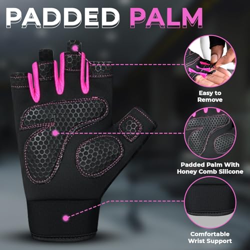 Breathable Gym Gloves - Lightweight, Non-Slip, Full Palm Protection - Pink, Large