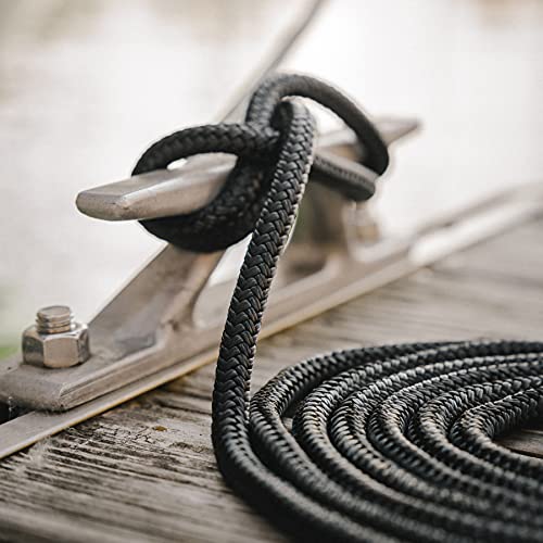 ACY Marine Double Braided Nylon Dock Line 1/2-Inch x 15 Feet Black - Reinforced Boat Rope for Mooring