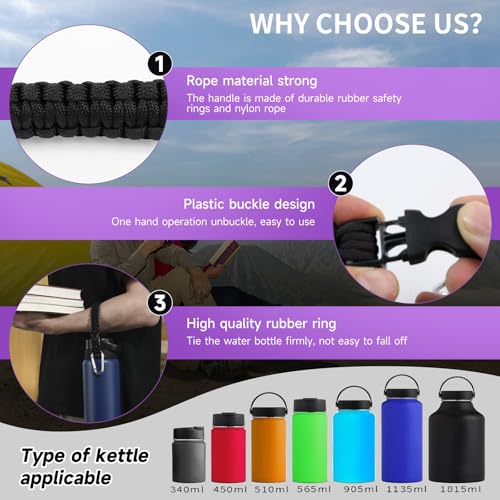 Paracord Water Bottle Handle Strap with Carabiner - 2 Pack Black